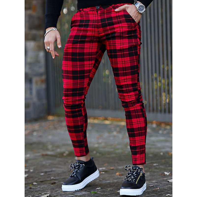 Men's Trousers Chinos Chino Pants Plaid Dress Pants Pocket Plaid Comfort Breathable Outdoor Daily Going out Fashion Streetwear White Red