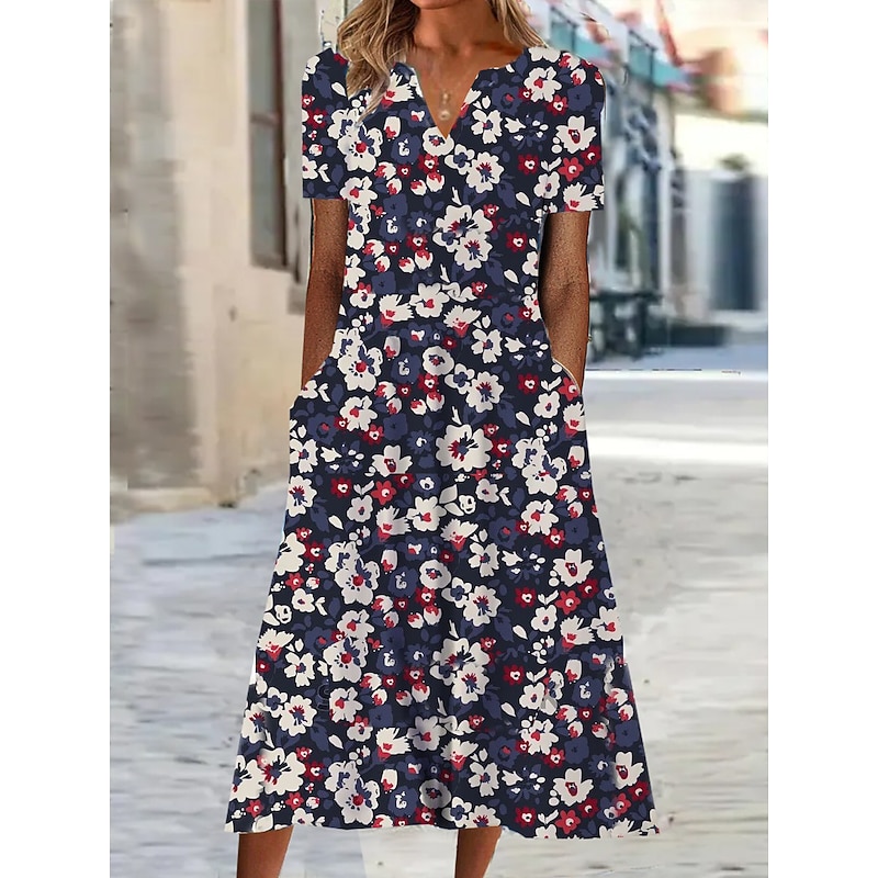 Women's Midi Dress Shift Dress Summer Dress Print Dress Active Fashion Streetwear Outdoor Vacation Date Regular Fit Floral Short Sleeve V Neck Blue Green Gray Summer Spring2