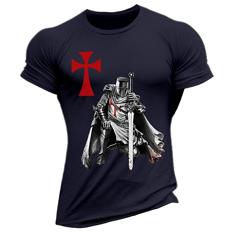 Men's Templar Knight Graphic T-Shirt, Crusader Medieval Warrior Short Sleeve with Red Cross2