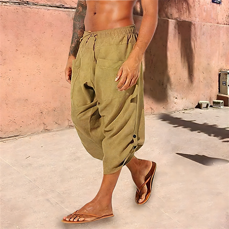 Men's Linen Shorts Summer Shorts Bloomers Baggy Pants Beach Shorts Elastic Drawstring Design Front Pocket Plain Comfort Soft Calf-Length Casual Daily Sports Fashion Black White3