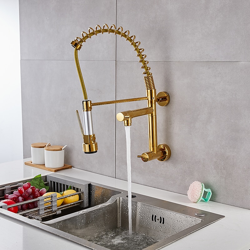 Wall Mounted Kitchen Sink Faucet Only Cold Water Pull Down Sprayer, 360 Swivel Pull Out Kitchen Taps 2 Sprayer Mode Vessel Water Tap Gold Black Chrome 13