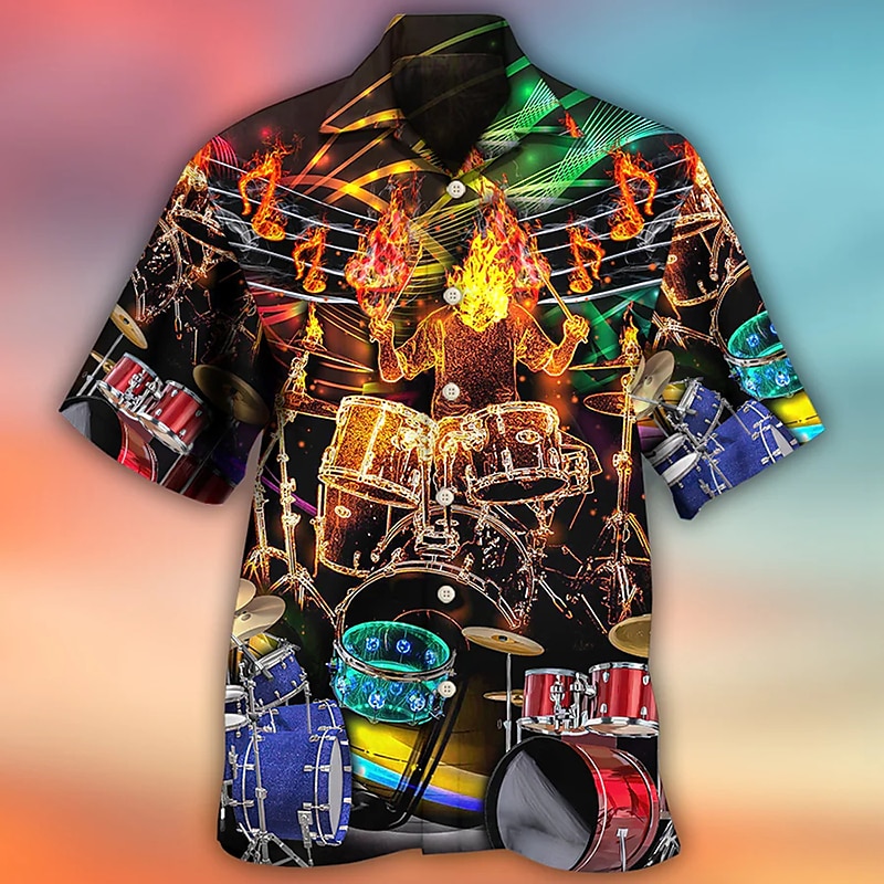 Men's Drum Shirt Summer Hawaiian Shirt Button Up Shirt Short Sleeve Tropical Fashion Hawaiian Casual Hawaiian Holiday Summer Spring Turndown Print Button-Down Black Purple Green4