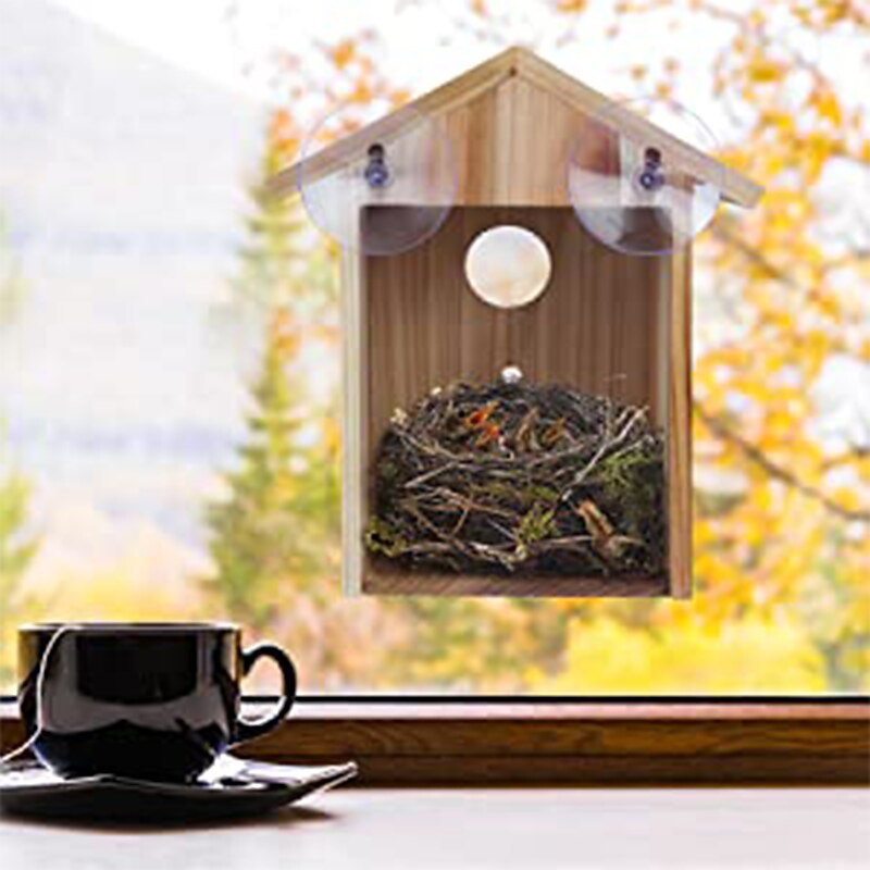 Bird House with Strong Suction Cups and lanyards for Outdoor use - See-Through Environmentally Friendly Wooden Bird nestBird Nest Transparent Design for Easy Observation3