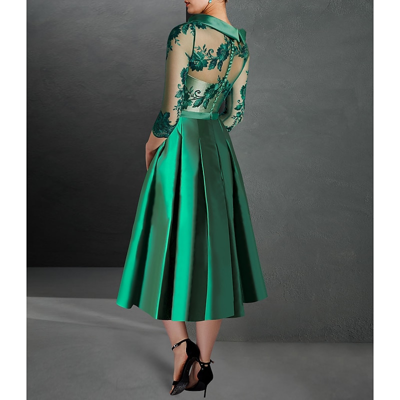A-Line Mother of the Bride Cocktail Dresses Elegant Dress Formal Kentucky Tea Length 3/4 Length Sleeve Jewel Neck Fall Wedding Guest Satin with Pleats Appliques Dresses2