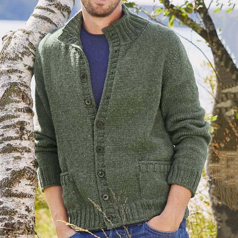 Men's Sweater Cardigan Sweater Ribbed Knit Regular Knitted Plain Standing Collar Warm Ups Modern Contemporary Daily Wear Going out Clothing Apparel Winter Green M L XL