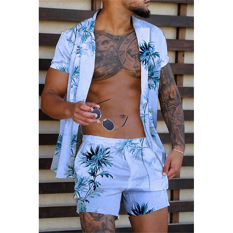 Men's Coconut Tree Tropical Plants 2pcs Shirts Sets Summer Hawaiian Shirt Short Sleeve Short Pants Turndown Tropical Fashion Hawaiian Street Casual Holiday Print Summer Spring Yellow Pink Blue3