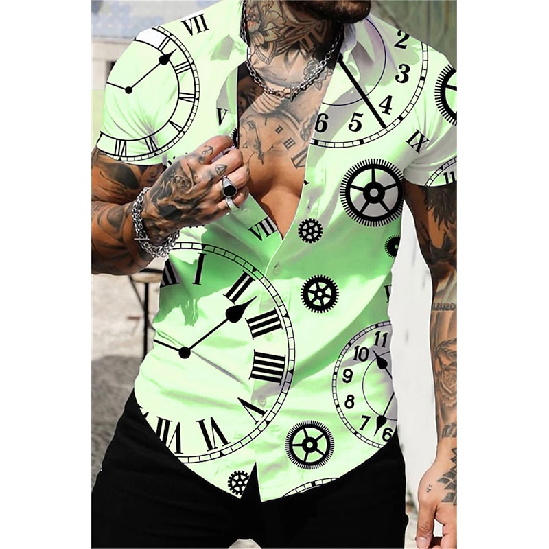 Men's Clock Shirt Button Up Shirt Short Sleeve Vintage Sports Fashion Casual Daily Holiday Summer Spring Turndown Print Button-Down Light Yellow White Purple Orange Green2