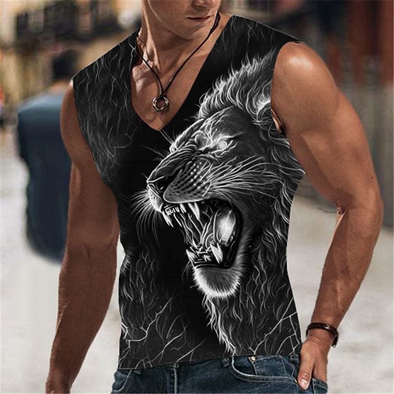 Men's Graphic Animal Lion Vest Top Sleeveless T Shirt for Men Sleeveless T shirt 3D Print V Neck Shirt Designer Casual Muscle Sports Running Gym Blue Orange Green Spring & Summer Clothing Apparel S M4