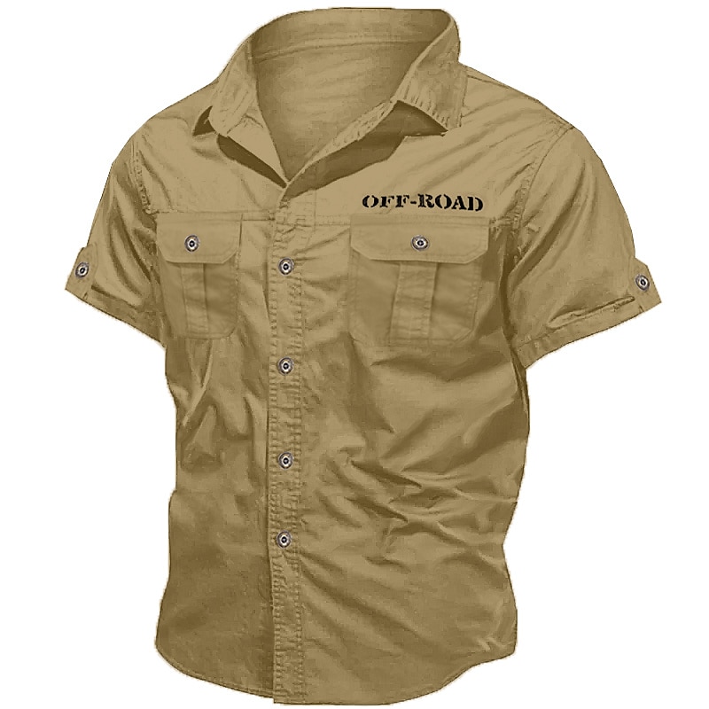 Men's Shirt Workwear Shirts Casual Shirt Work Shirt Button Up Shirt Cargo Shirt White Red Navy Blue Green khaki Short Sleeve Graphic Letter Turndown Vacation Going out Print Clothing Apparel Polyester