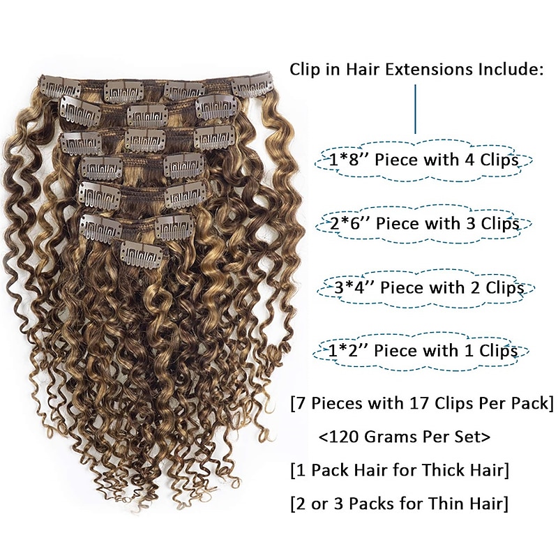 Two Tone Color 14Inch Jerry Curly Clip in Hair Extension Human Hair #4 Dark Brown Color with #27 Strawberry Blonde Color 3B 3C Curly Double Weft with 7pieces 120Grams Per Pack2