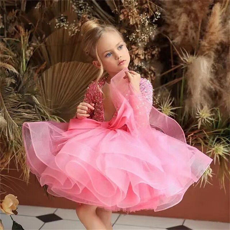 Toddler Girls' Party Dress Sequin Long Sleeve Performance Mesh Cute Princess Polyester Above Knee Sheath Dress Tulle Dress Summer Spring Fall 3-7 Years Black White Yellow