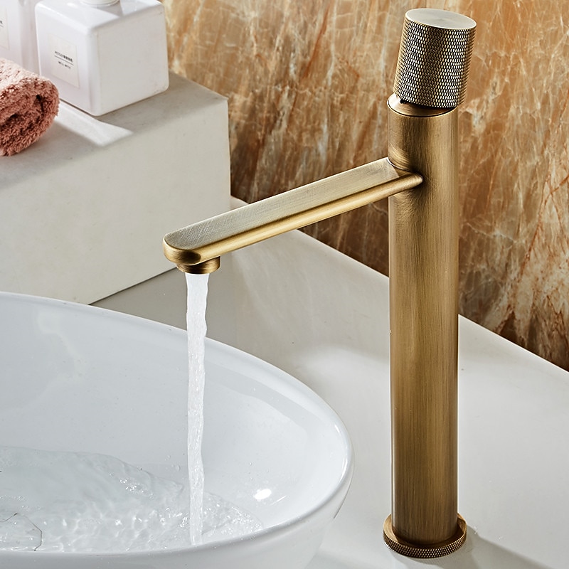 Bathroom Sink Mixer Faucet Single Knob, Vintage Mono Basin Taps Brass Deck Mounted, Monobloc Single Handle One Hole Vessel Water Tap with Hot Cold Water Hose Washroom4