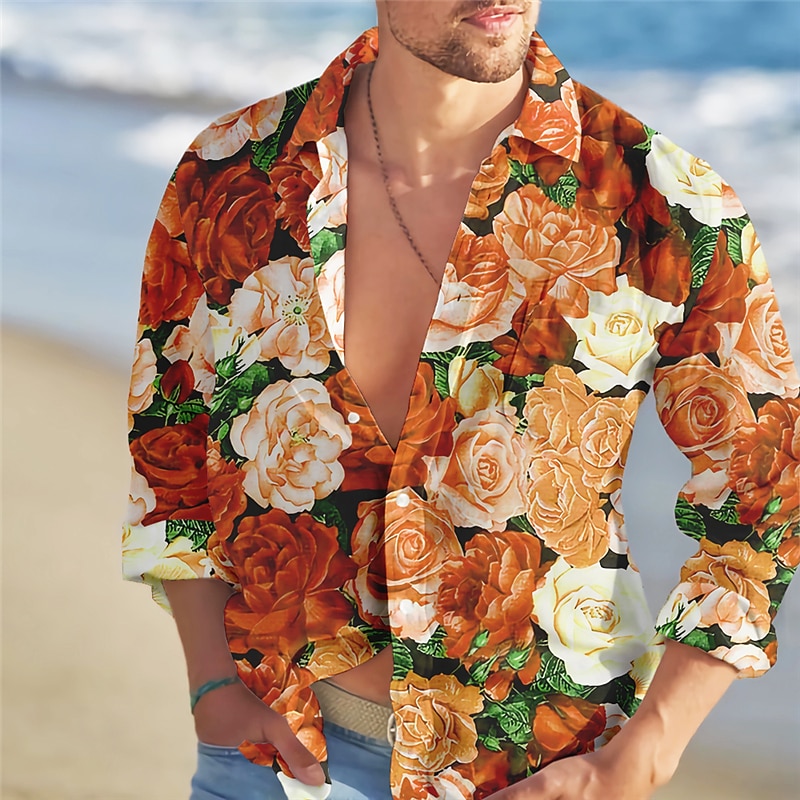 Men's Floral Tropical Flowers Rose Shirt Summer Hawaiian Shirt Aloha Shirt Long Sleeve Shirt Turndown Fashion Streetwear Designer Outdoor Street Casual Yellow Red Blue S M L2
