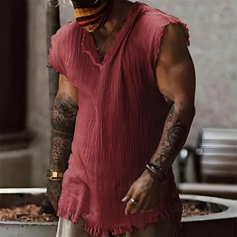 Men's Shirt Linen Shirt Viking Style Summer Shirt Beach Wear Plain Vacation Hawaiian White Wine Blue Dark Grey Sleeveless V Neck Summer Clothing Apparel4