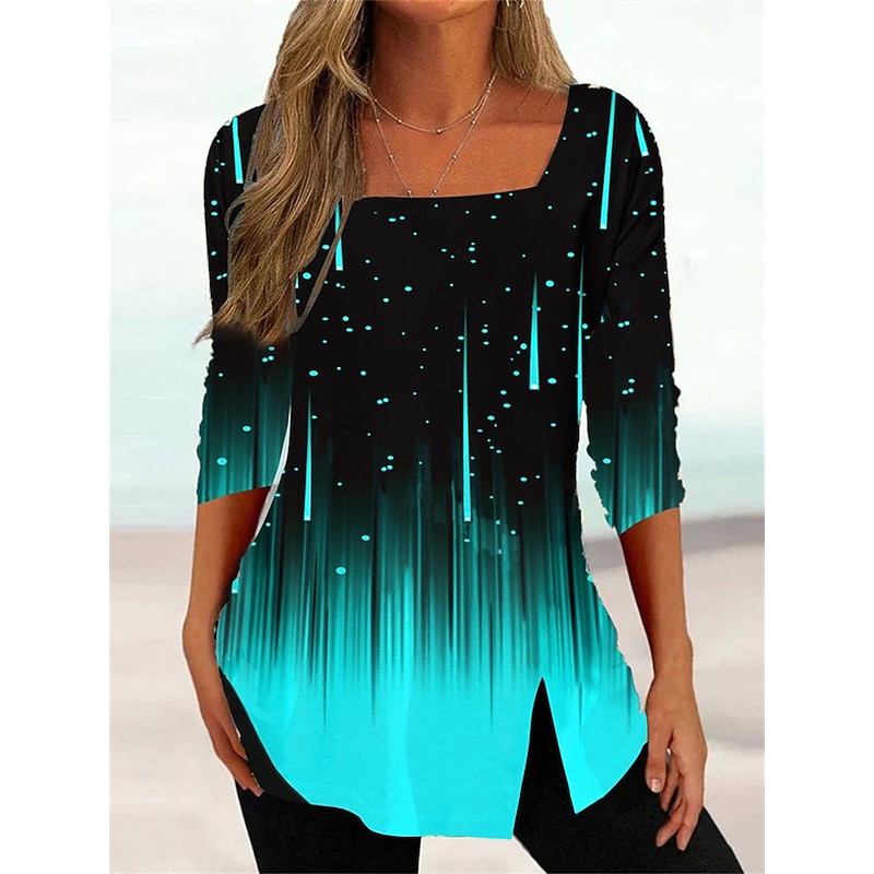 Women's Plus Size T shirt Tee Color Gradient Black Blue Green Print 3/4 Length Sleeve Daily Weekend Basic Square Neck Regular Fit3