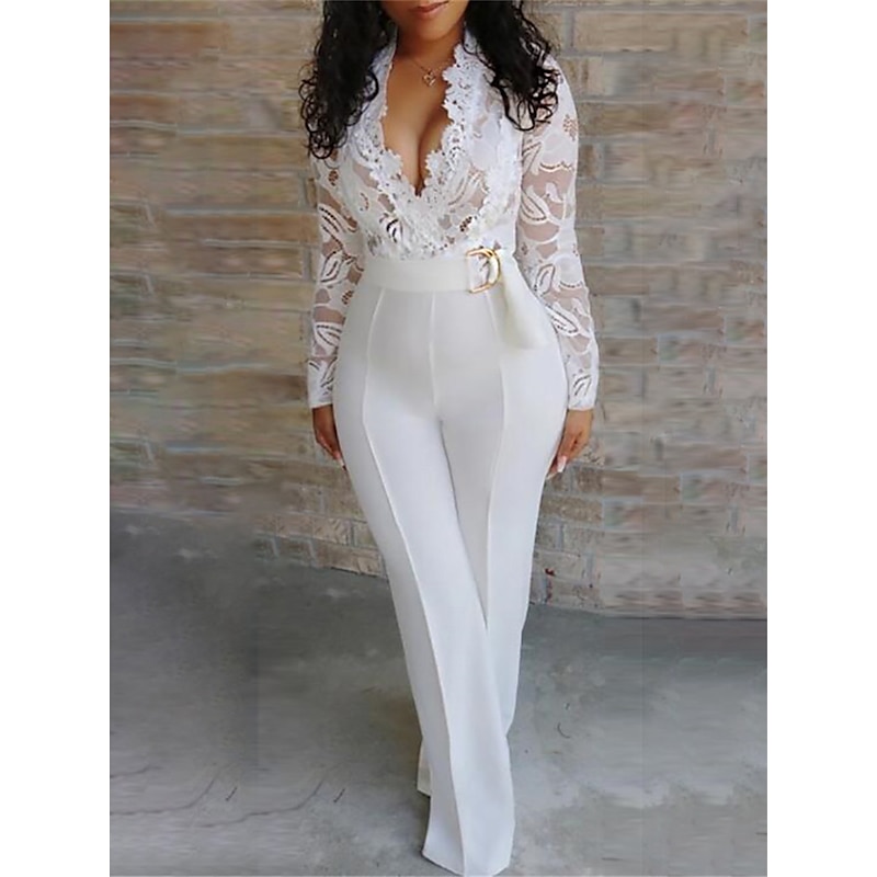 Women's Normal Jumpsuit Elegant Solid Color Long Sleeve V Neck Lace High Waist Wedding Party Regular Fit White Summer