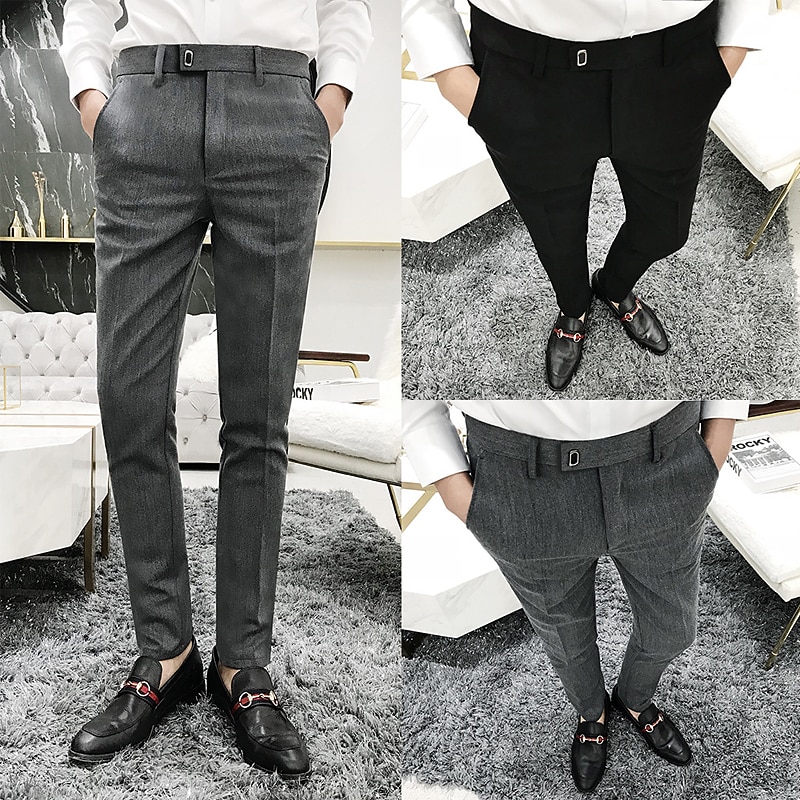 Men's Dress Pants Skinny Trousers Pencil Pants Pocket Plain Breathable Stretch Ankle-Length Wedding Office Business Cotton Chic & Modern Casual Skinny Black Grey Stretchy
