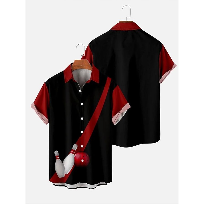 Men's Flame Bowling Ball Shirt Button Up Shirt Short Sleeve Tropical Fashion Hawaiian Outdoor Beach Summer Spring Turndown Print Button-Down Black Yellow Black / Red Red Dusty Blue 9