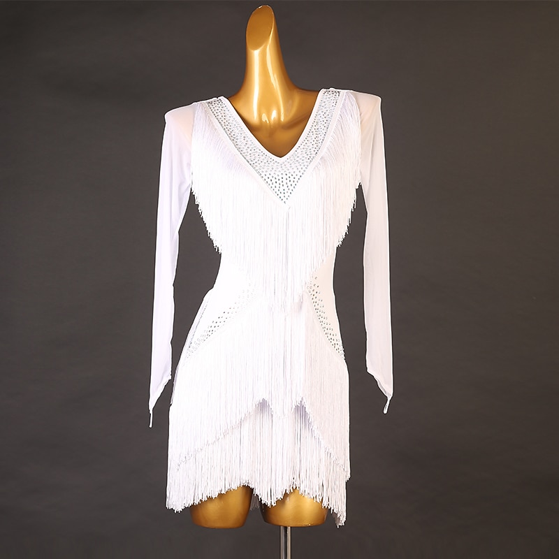 Dance Salsa Latin Dance Dress Rhinestone Fringed Tassel Split Joint Women's Performance Training Long Sleeve High Spandex Tulle