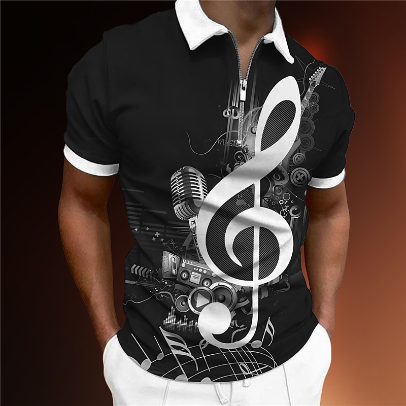 Music Festival Men's Music Zip Polo Shirts Golf Shirt Short Sleeve Polo Shirts Collared Shirts Casual Vacation Wear Festival Wear Party Outfits 3D Print Quarter Zip Polo Black Wine Navy Blue4