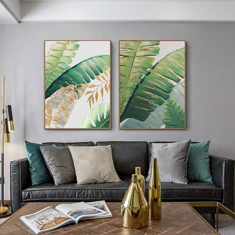 Handmade Oil Painting Canvas Wall Art Decoration Modern Abstract Plant Flower Green and Gold Banana Leaf for Home Decor Rolled Frameless Unstretched Painting2