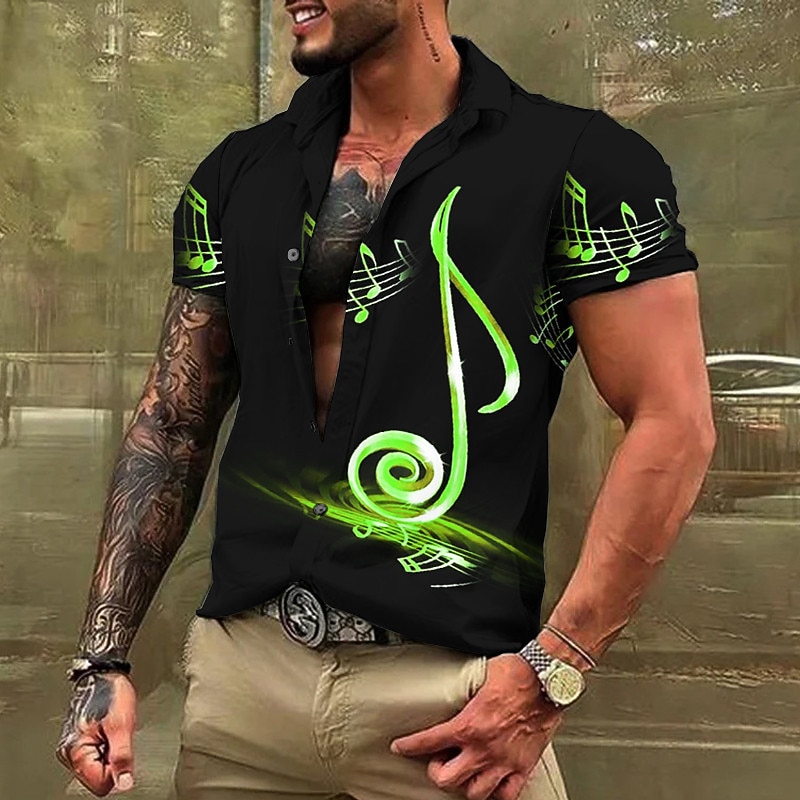 Men's Boardmasters Music Notes Shirt Button Up Shirt Short Sleeve Fashion Streetwear Designer Casual Daily Weekend Summer Spring Turndown Print Button-Down Blue Gold Green Gray3