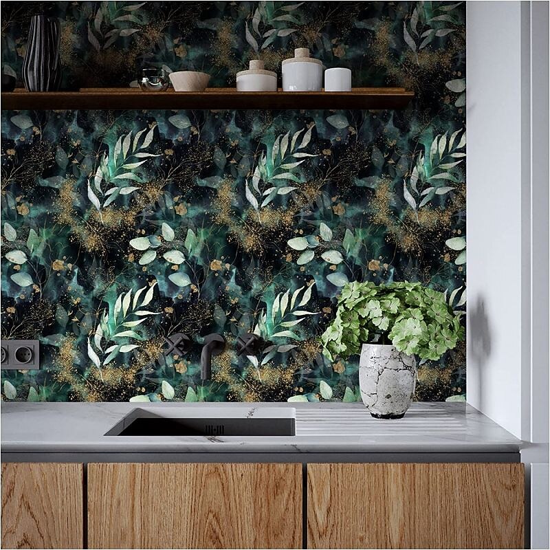 Cool Wallpapers Green Wallpaper Wall Mural Leaves Branch Peel and Stick Wallpaper Removable Pvc/Vinyl Self Adhesive 17.7"x118"(45cmx300cm)4