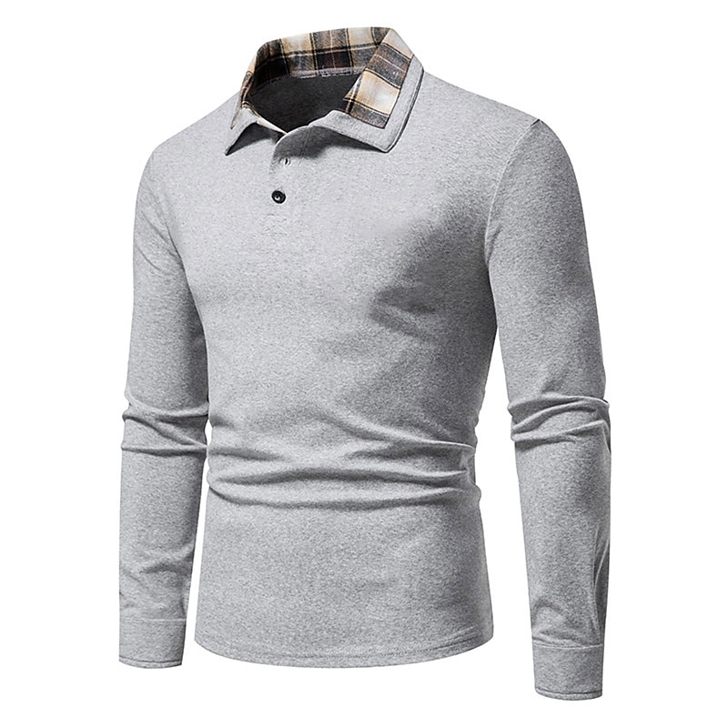 Men's Casual Shirt Polo Shirt Outdoor Business Polo Collar Classic Long Sleeve Basic Classic Solid Color Plaid Formal Style Button Front Spring Fall Regular Fit Black White Dark Gray Gray Casual Shirt3