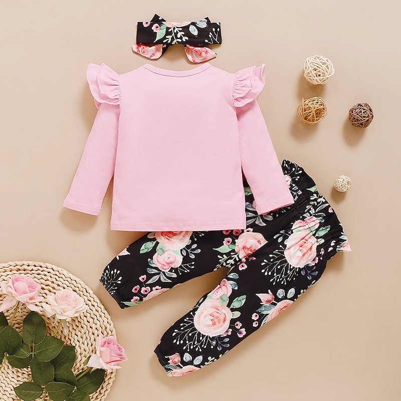 Girls' 3D Floral Solid Colored Clothing Set Long Sleeve Basic Toddler 1-4 Years School Daily Wear Regular Fit2