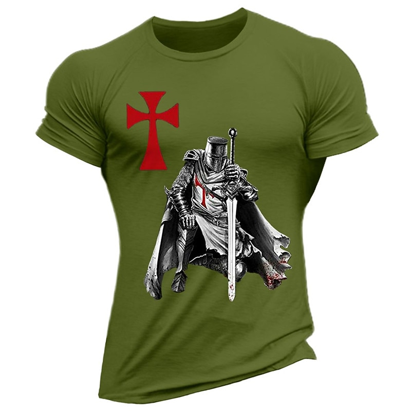 Men's Templar Knight Graphic T-Shirt, Crusader Medieval Warrior Short Sleeve with Red Cross4