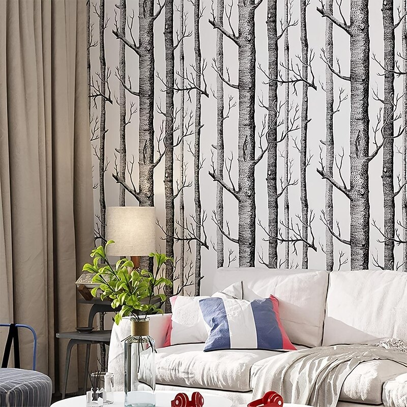 Cool Wallpapers 1pc Birch Tree Wallpaper Black and White Peel and Stick Wall Mural Wall Sticker Self-Adhesive PVC For Home Decor Cabinet Table Chair Room Backdrop Renovation 45cmx600cm/17.7"x236.2"3