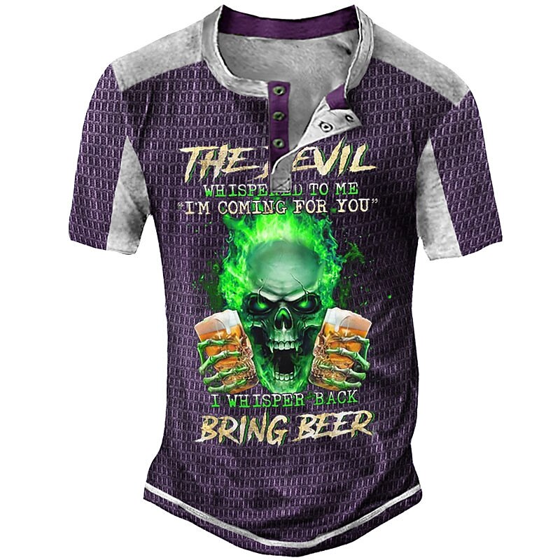 Men's Halloween Graphic Beer Skulls Henley Shirt Tee Short Sleeve 3D Print Fashion Designer Comfortable Outdoor Casual Daily Summer Black Navy Blue Purple Brown Green Henley Henley T-Shirt4