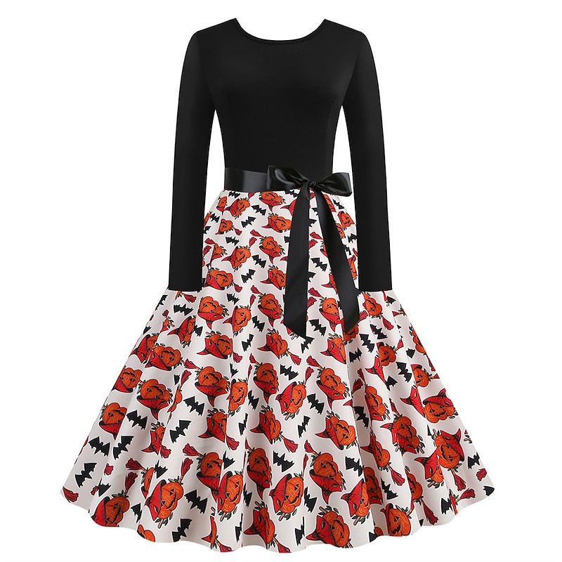 Women's 1950s Flare Dress Swing Dress Sugar Skull Pumpkin Adults' Cocktail Dress Retro Vintage Long Sleeves3