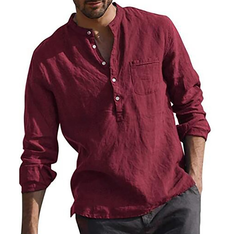 Men's Linen Shirt Band Collar Shirt Summer Shirt Beach Wear Solid Color Daily Hawaiian Black White Wine Navy Blue Long Sleeve Henley Spring &  Fall Clothing Apparel Collared Shirts