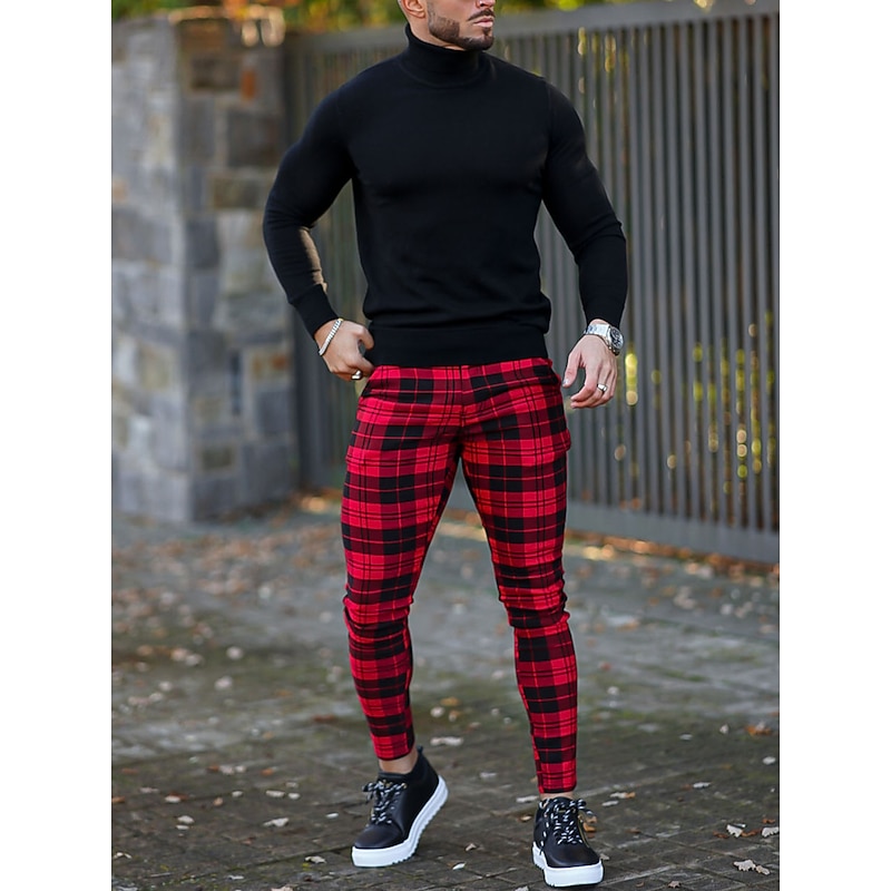 Men's Trousers Chinos Chino Pants Plaid Dress Pants Pocket Plaid Comfort Breathable Outdoor Daily Going out Fashion Streetwear White Red2