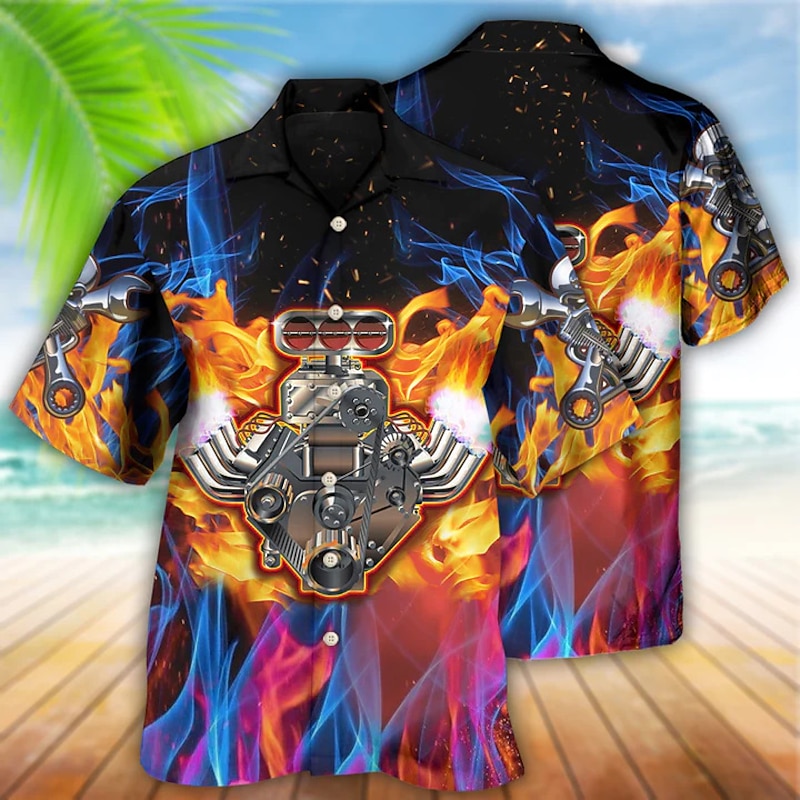 Men's Flame Machine Shirt Summer Hawaiian Shirt Aloha Shirt Short Sleeve Shirt Turndown Tropical Fashion Hawaiian Casual Hawaiian Holiday Black Yellow Blue S M L3