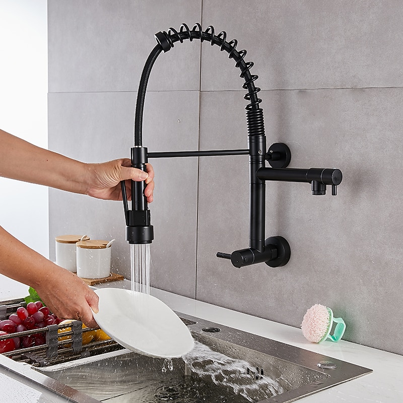 Wall Mounted Kitchen Sink Faucet Only Cold Water Pull Down Sprayer, 360 Swivel Pull Out Kitchen Taps 2 Sprayer Mode Vessel Water Tap Gold Black Chrome 16