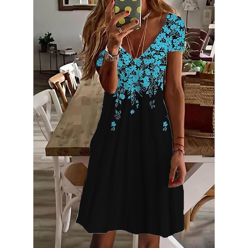 Women's Mini Dress Petite Dress Petite Dress T Shirt Dress Tee Dress Sundress Summer Dress Active Fashion Streetwear Outdoor Vacation Birthday Regular Fit Floral Short Sleeve V Neck Black2