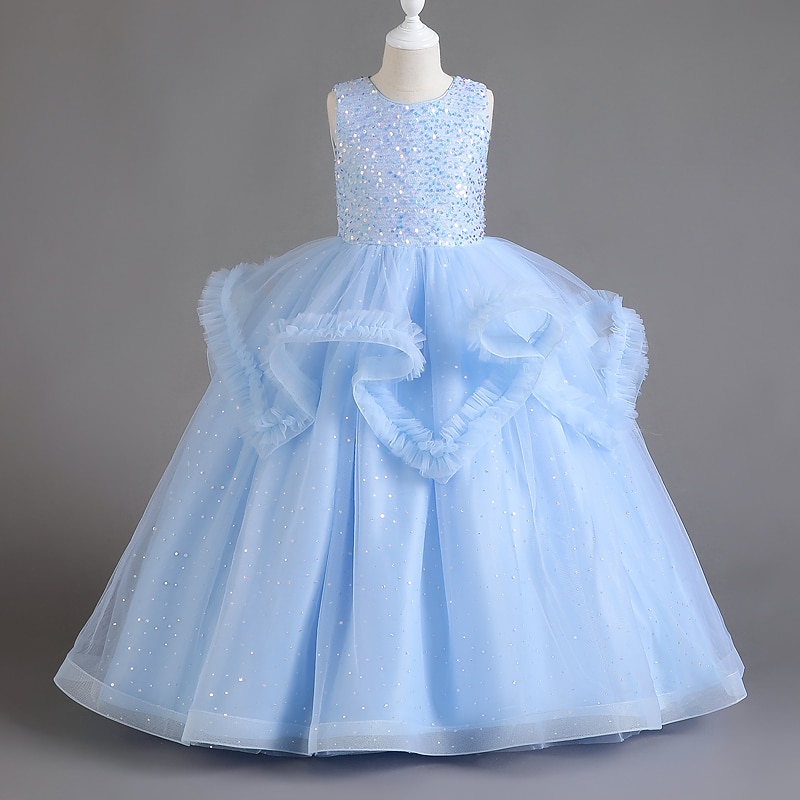 Kids Girls' Party Dress Solid Color Sequin Sleeveless Wedding Special Occasion Mesh Zipper Adorable Sweet Cotton Mesh Maxi Party Dress Summer Spring Fall 4-13 Years White Pink Red3