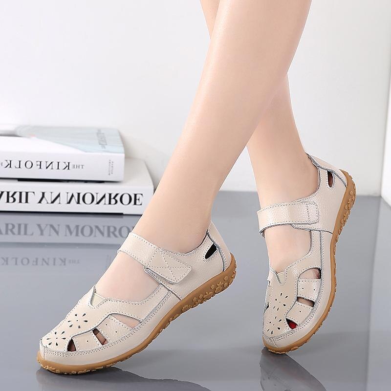 Women's White Cut-Out Faux Leather Sandals with Velcro Strap – Comfortable Casual Walking Shoes for Summer3
