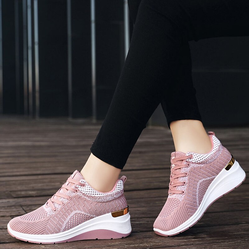 Women's Sneakers Pink Shoes Height Increasing Shoes Flyknit Shoes Outdoor Daily Color Block Summer Hidden Heel Round Toe Sporty Casual Minimalism Running Walking Tissage Volant Lace-up Black Pink Grey2