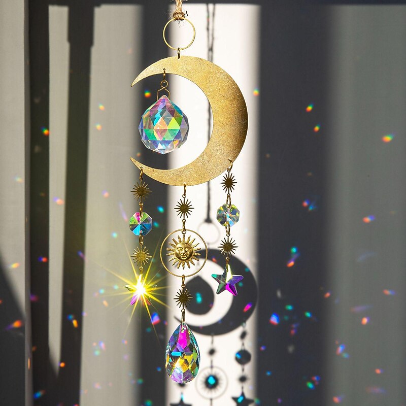 Wall Art Decor, Moon Star Suncatcher Pendant  Crystal Pendant Chandelier Rainbow Create Hanging Ornament Wall Hanging Tree Window Prism Ornament for Room Home Office Garden Decor