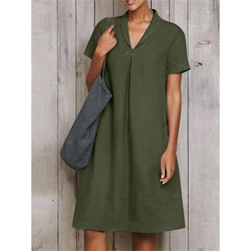 Women's ArmyGreen Sky Blue khaki Summer Spring Midi Dress Cotton Linen Dresses Casual Dress Fashion Modern Casual Outdoor Vacation Daily Loose Fit Plain V Neck