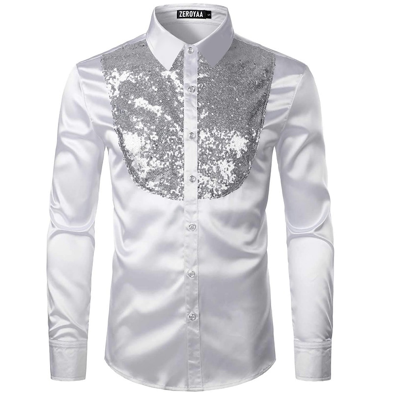 Men's Prom Shirt Disco Shirt Satin Silk Shirt Tuxedo Shirts Solid Color Wedding Party Black White Red Blue Long Sleeve Turndown Summer Spring Clothing Apparel Sequins