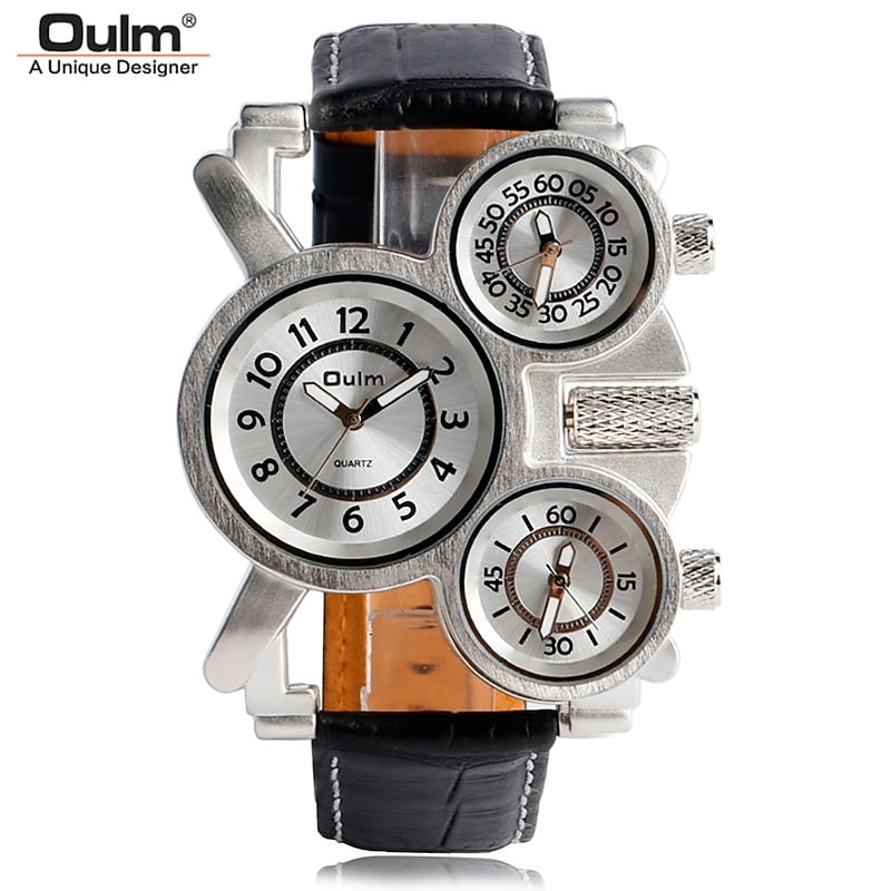Oulm Men Quartz Watch Creative Casual Wristwatch Analog Luminous Three Time Zones Waterproof Leather Strap Watch