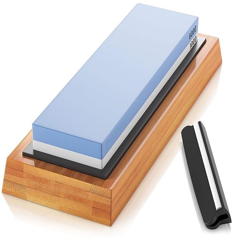1pc Premium Whetstone, Knife Sharpening Stone, 2 Side Grit 1000/6000 Waterstone, Whetstone Knife Sharpener, Non-Slip Bamboo Base & Angle Guide