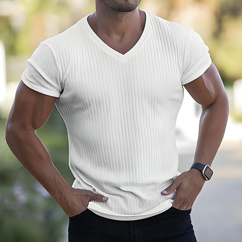 Men's T Shirt Muscle Shirt Ribbed Knit tee Short Sleeves V Neck Summer Plain Fashion Streetwear Cool Outdoor Sport Going out Black White Red Top Tee for Men4