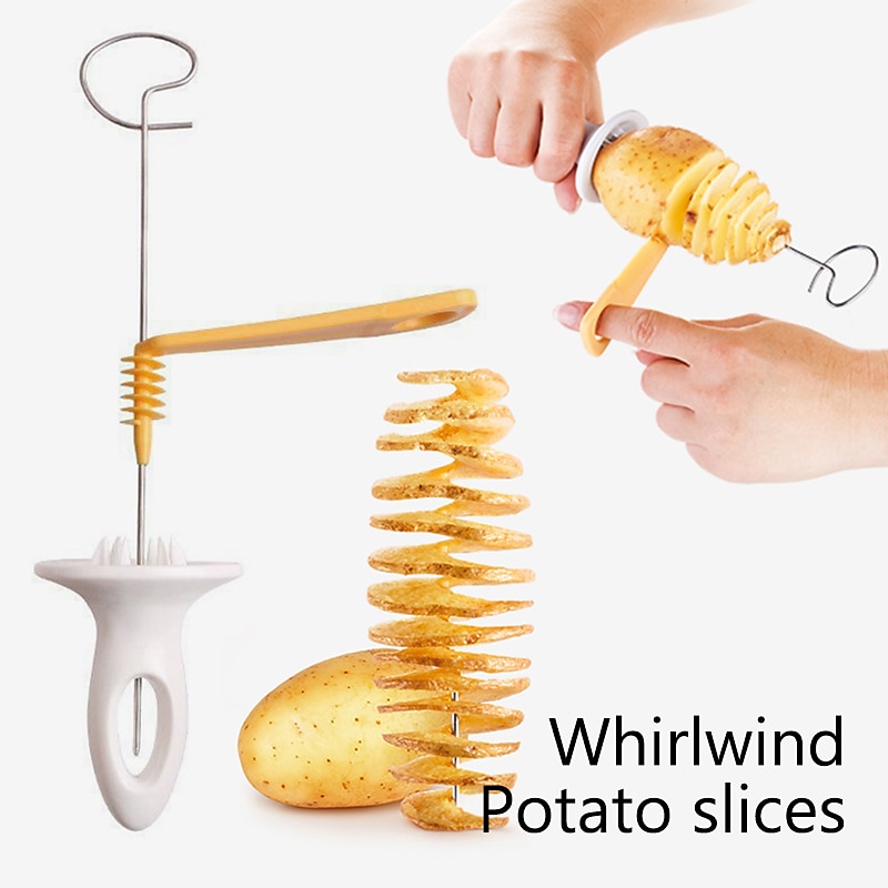1Set Stainless Steel Tornado Potato Spiral Slicer - Manuel Cutter Spiral Screw Chips Reusable Potato Twister Fruits Vegetable Tools Kitchen Cooking Maker