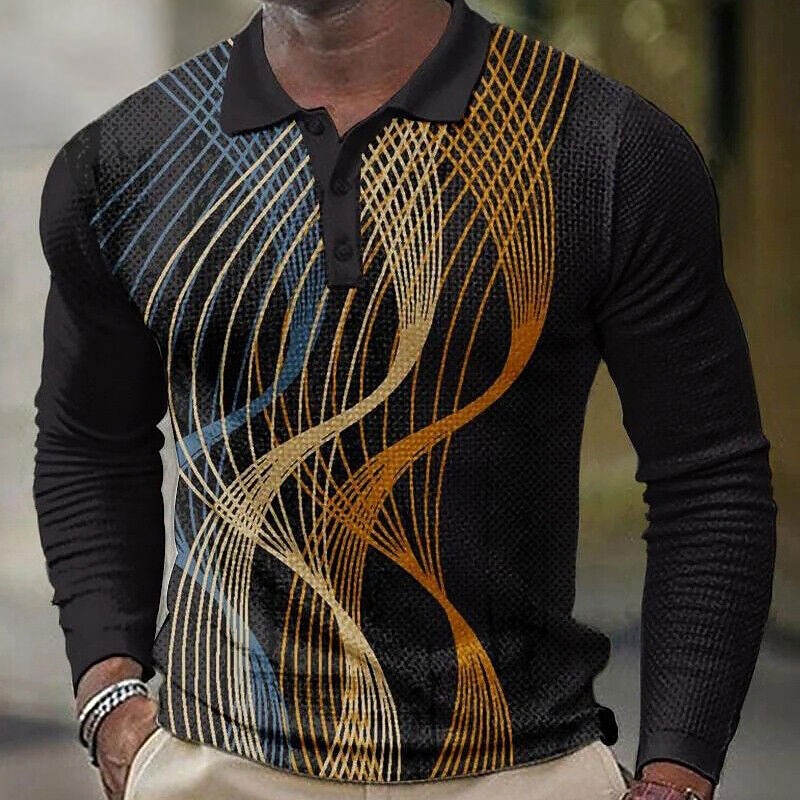 Men's Plaid Waffle Polo Shirts Golf Shirt Long Sleeve Polo Shirts Collared Shirts Vintage Casual Vacation Wear Formal Wear Festival Wear Buttons 3D Print Black White Yellow3