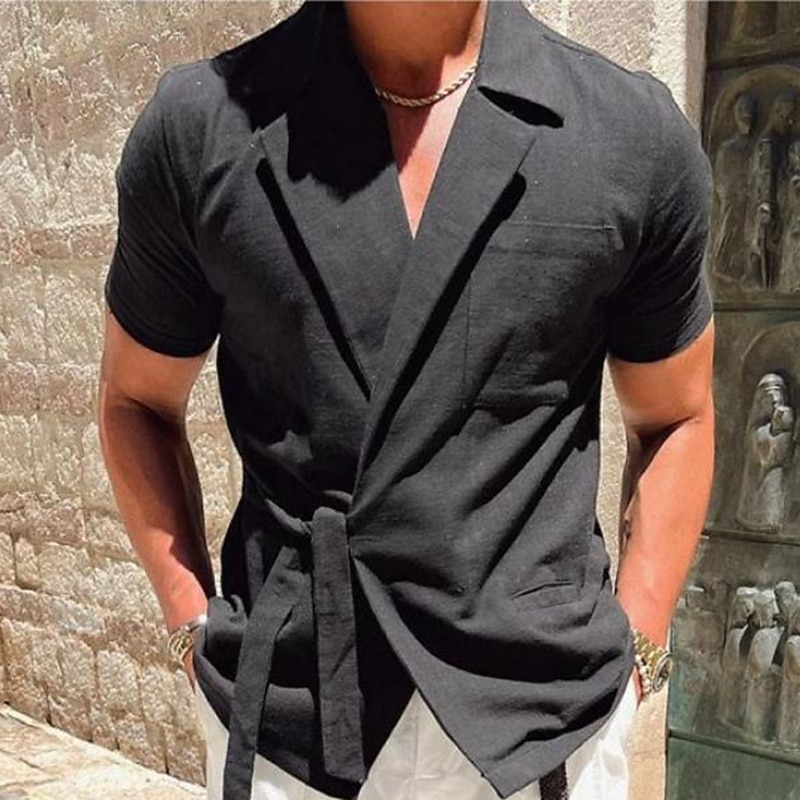 Men's Cotton Linen Shirt White Cotton Shirt Summer Shirt Beach Shirt Plain Vacation Hawaiian Black White Khaki Short Sleeve Lapel Spring & Summer Clothing Apparel Pocket2